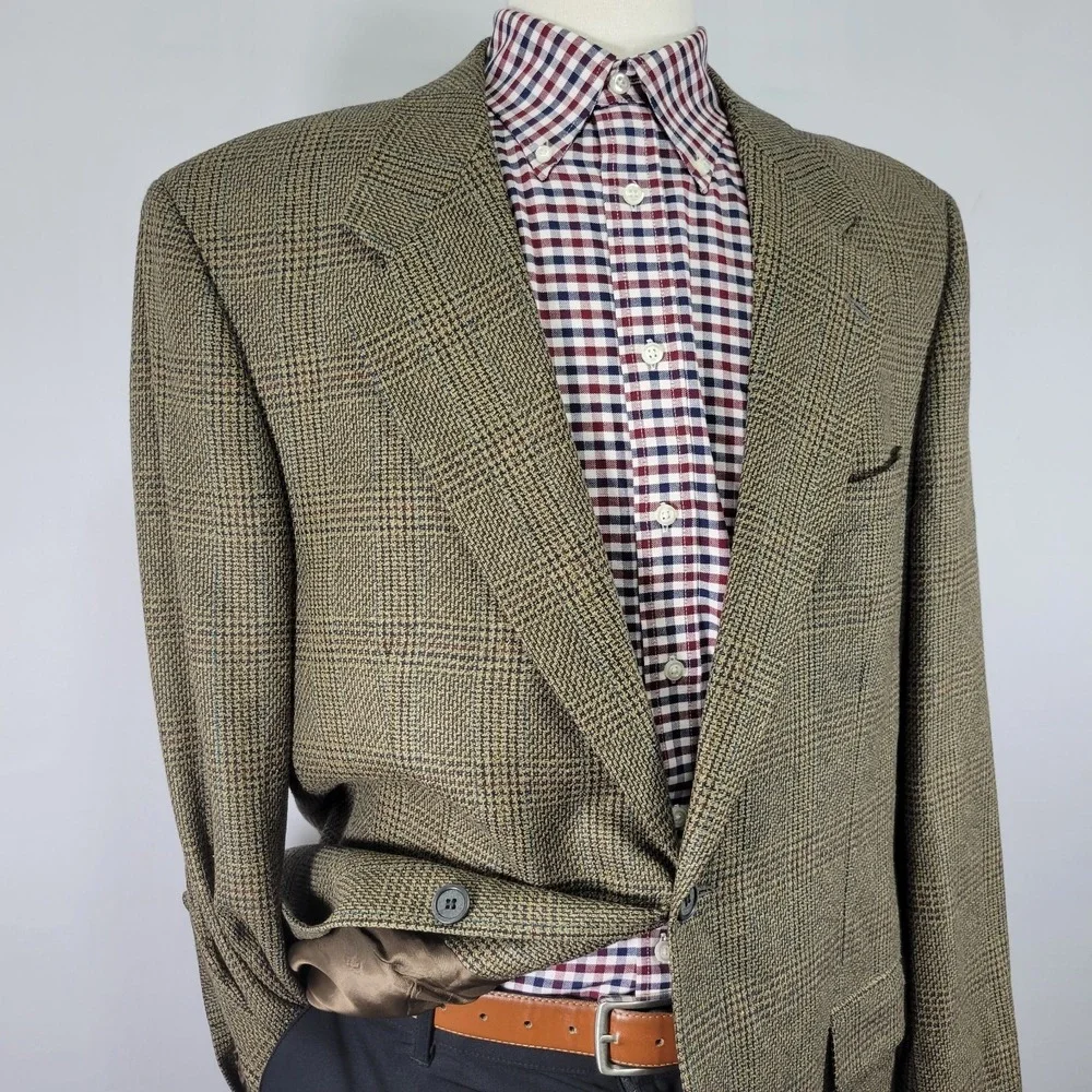 Brandini Le Collezioni Mens Sport Coat Two Button Brown Plaid Silk Wool Size 44L
